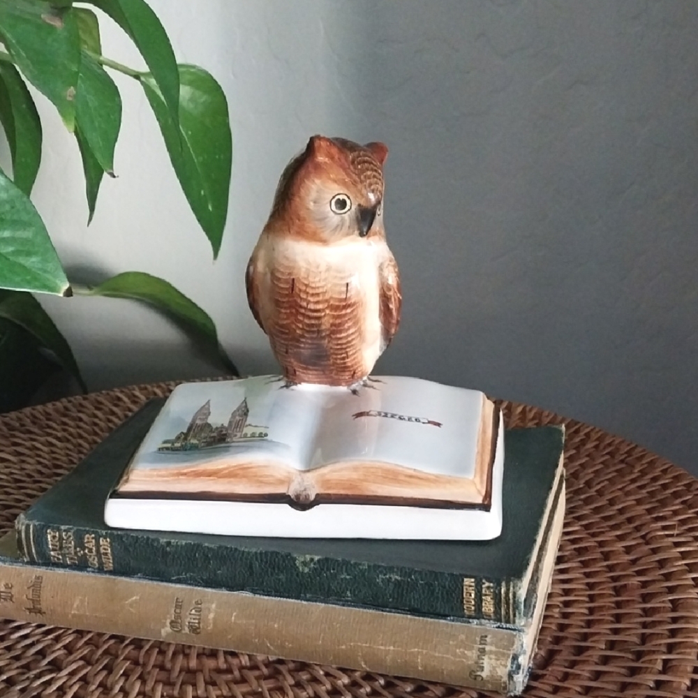 Vintage Hungarian ceramic Owl Figurine on Book